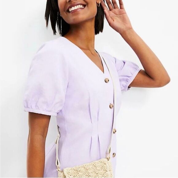 LOFT Orchid Flash Linen Button Front V-Neck Puff Sleeve Dress Size 12 Petite NWT - Picture 10 of 10